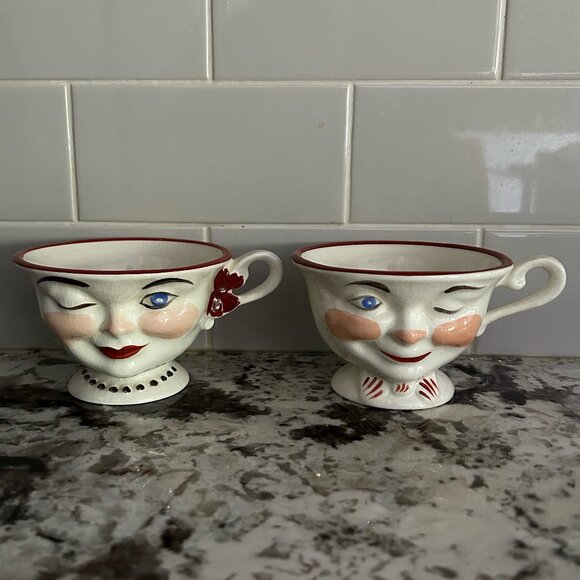 Vintage Set of 2 Staffordshire England Winking Tea Cups - Picture 1 of 10